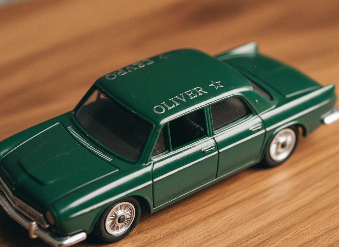 Die-cast metal toy car in racing green with a child's name OLIVER laser-engraved on the roof, on warm walnut