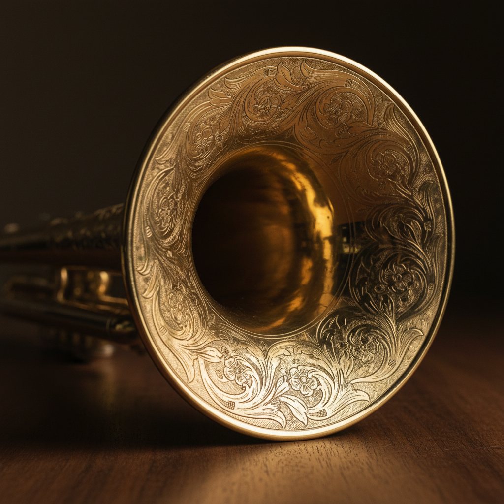 The flared bell of a brass trumpet intricately laser-engraved with ornate Victorian scrollwork and floral vines, on dark walnut in warm light