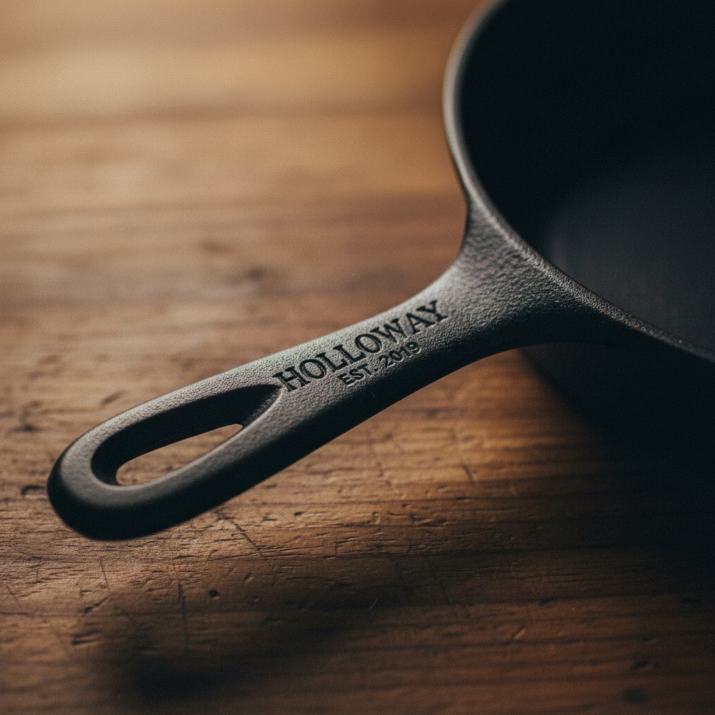A cast-iron skillet with the family name HOLLOWAY and EST. 2019 laser-engraved into the handle, on a rustic wooden kitchen surface