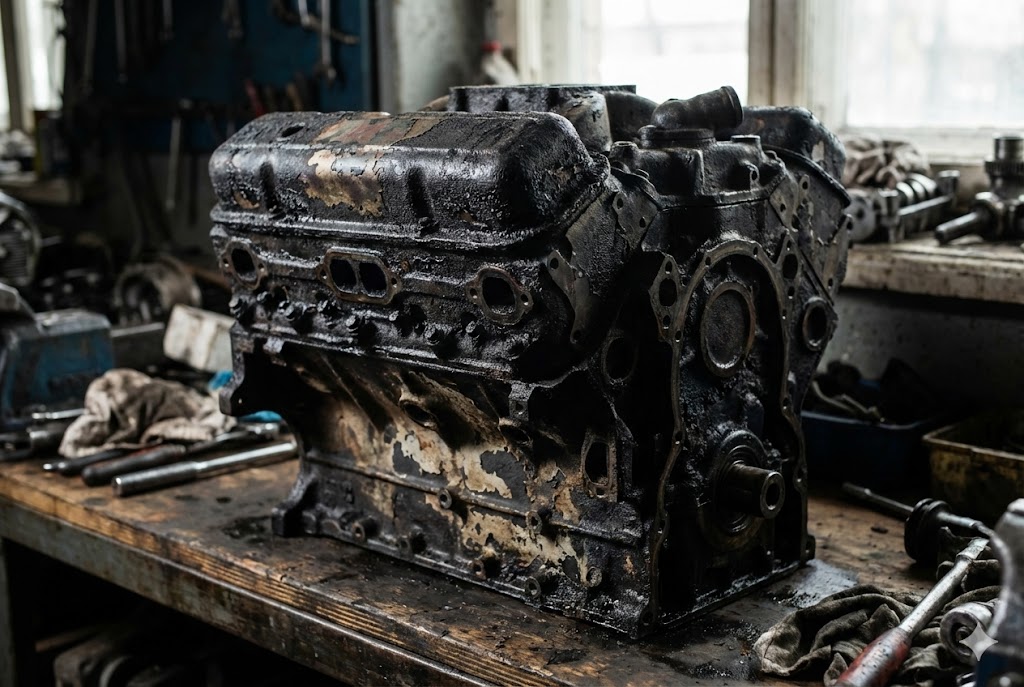 Engine block with rust and grime before laser cleaning