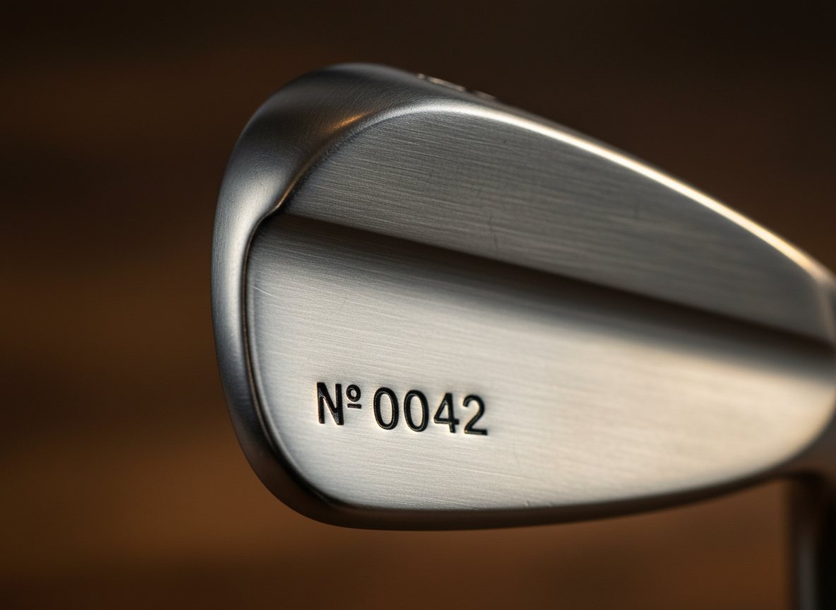 Macro of a premium forged player's iron with a custom serial number 'N° 0042' laser-engraved on the back muscle in clean serif type, paint-filled deep ink