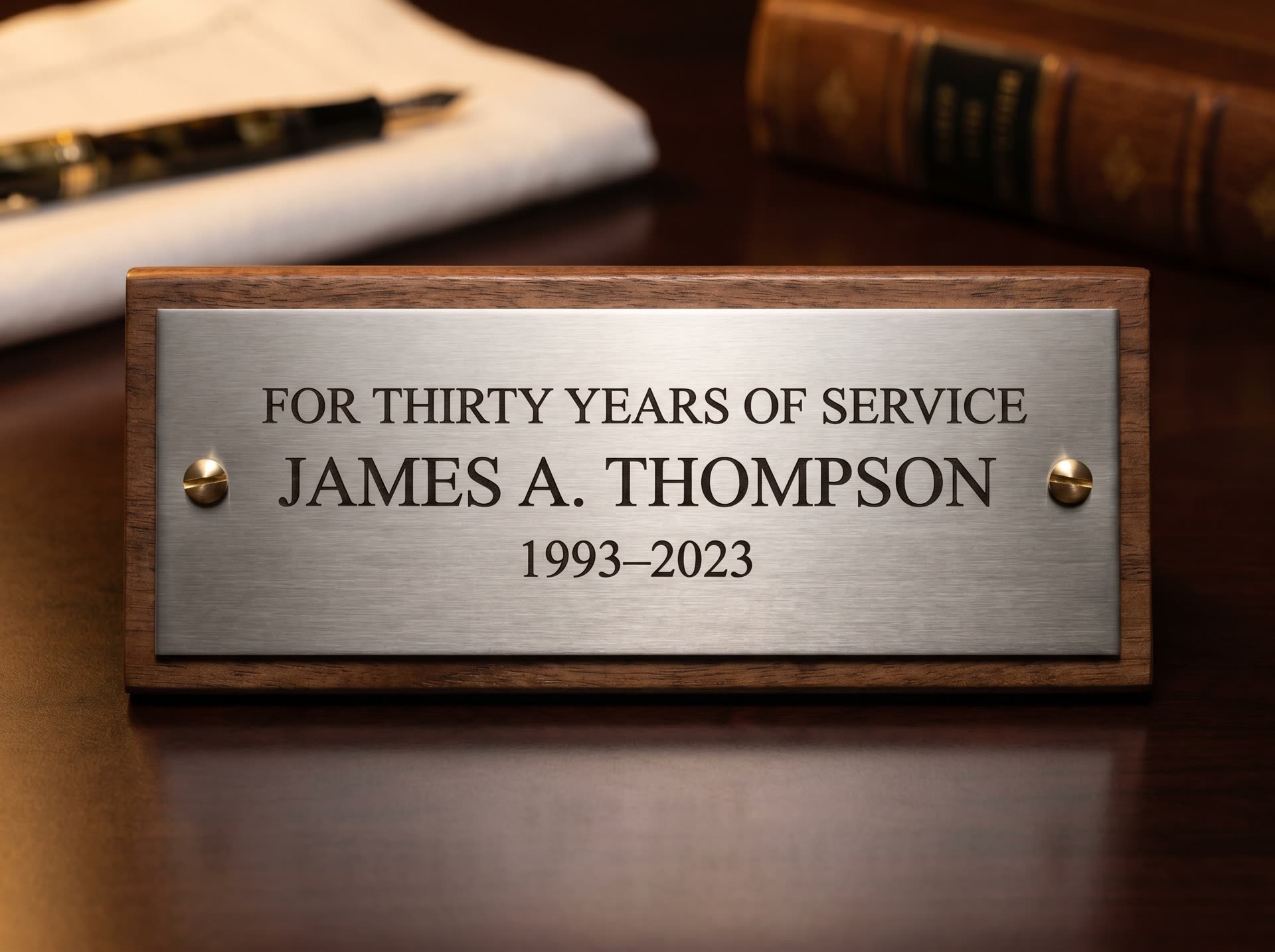 Macro detail of a brushed stainless retirement plaque engraved with name and 30-year service citation, mounted on polished walnut