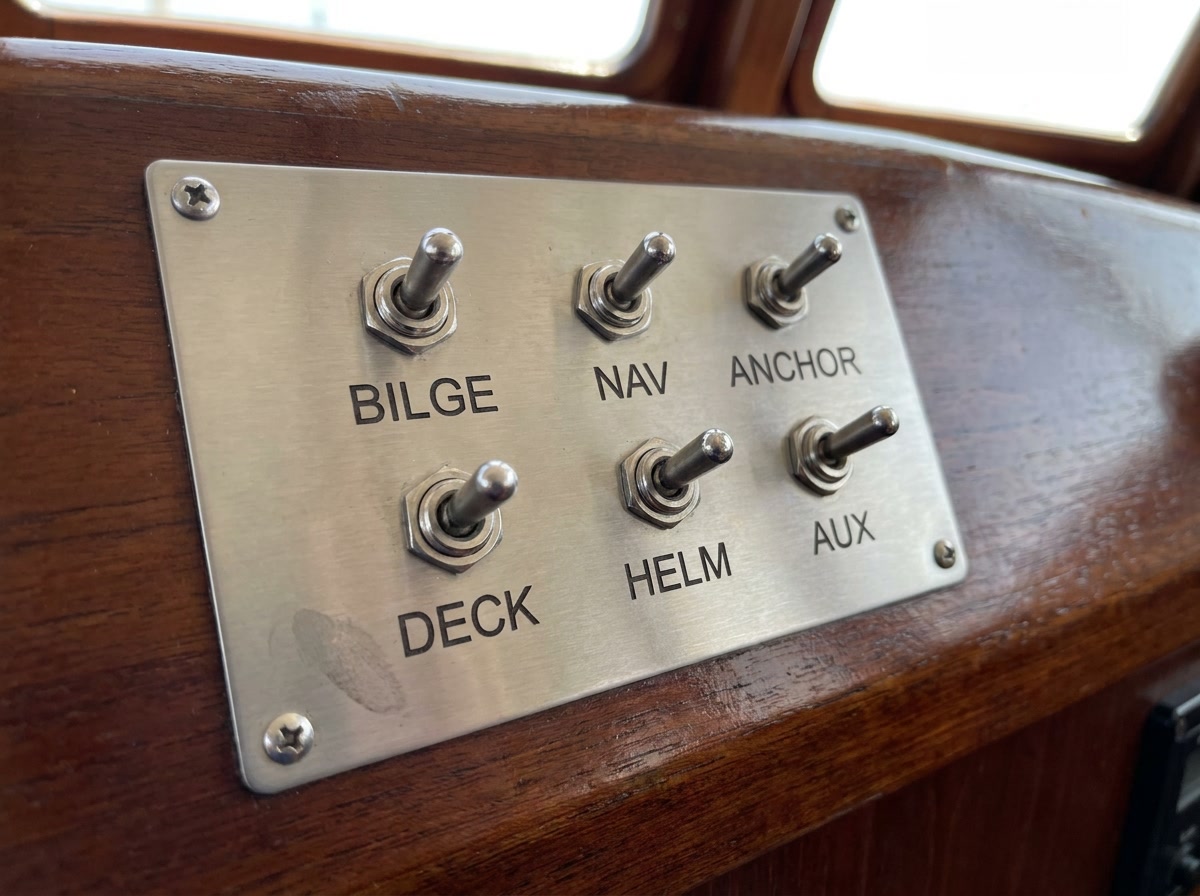 Laser-engraved yacht helm switch panel — brushed stainless with six toggle switches and engraved labels — installed on a varnished mahogany console in natural daylight