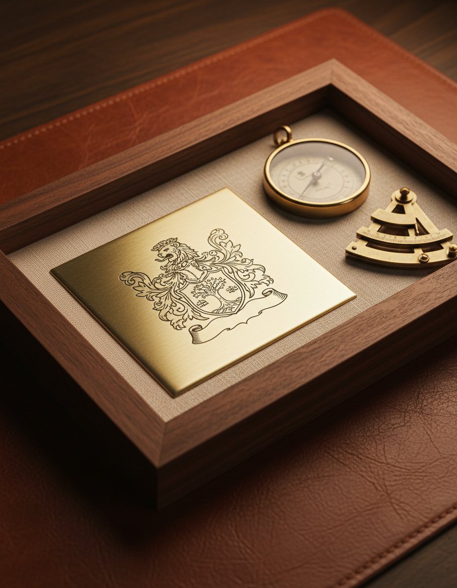 A unique custom commission — engraved brass plate with stylized family crest mounted in walnut shadowbox alongside a vintage compass