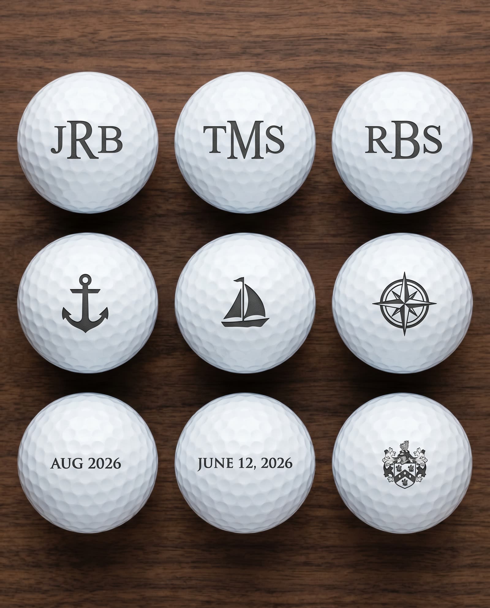 Top-down 3×3 grid of nine premium white golf balls custom UV-laser-marked with deep permanent dark-gray monograms in serif type, small icons (anchor, sailboat, compass rose), tournament date stamps, and a family crest — arranged on dark walnut