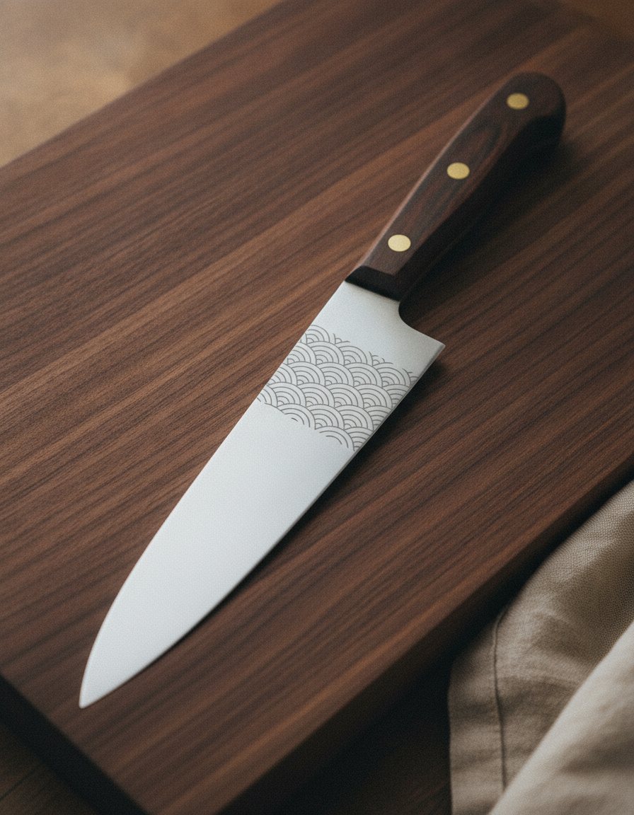 A premium chef's knife on a dark walnut cutting board, its stainless blade laser-etched with a flowing Japanese seigaiha wave pattern in fine matte-gray lines