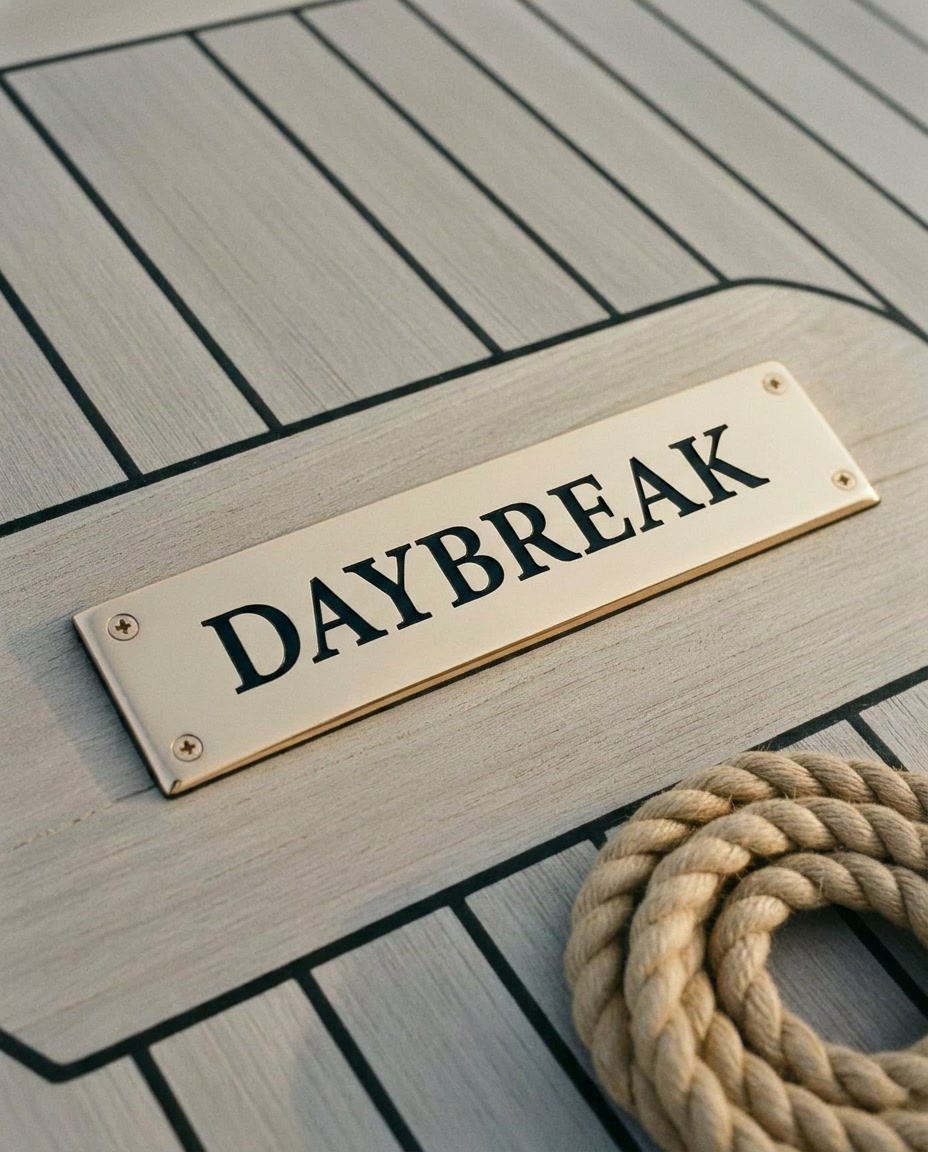 Polished bronze yacht transom plate engraved DAYBREAK resting on weathered cedar deck