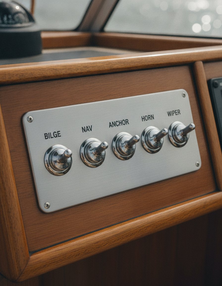 Custom marine electrical switch panel in brushed 316 stainless steel with laser-engraved black labels — BILGE, NAV, ANCHOR, HORN, PUMP — and marine toggle switches, mounted on a teak chart table