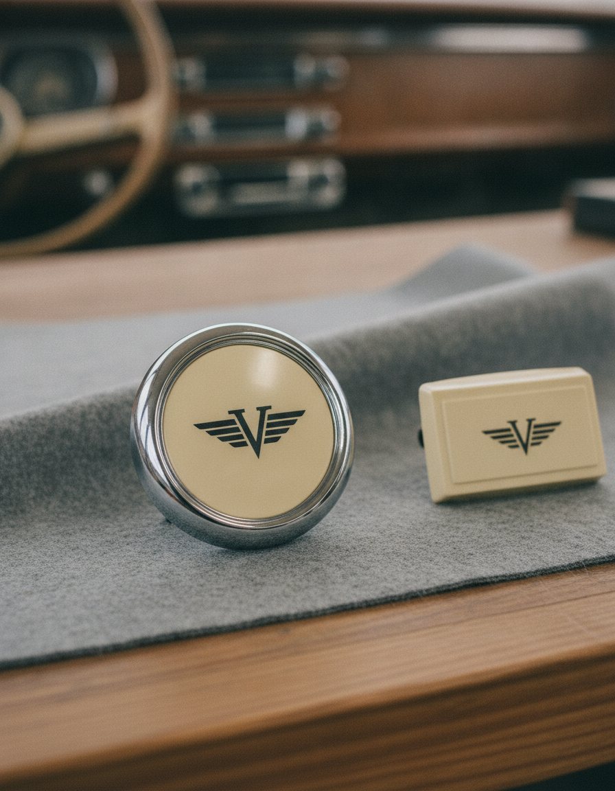 A vintage 1960s cream-ivory steering-wheel horn button with chrome trim, UV-laser-marked with a stylized winged emblem, beside a matching marked dashboard trim piece on gray felt with a vintage dashboard blurred behind