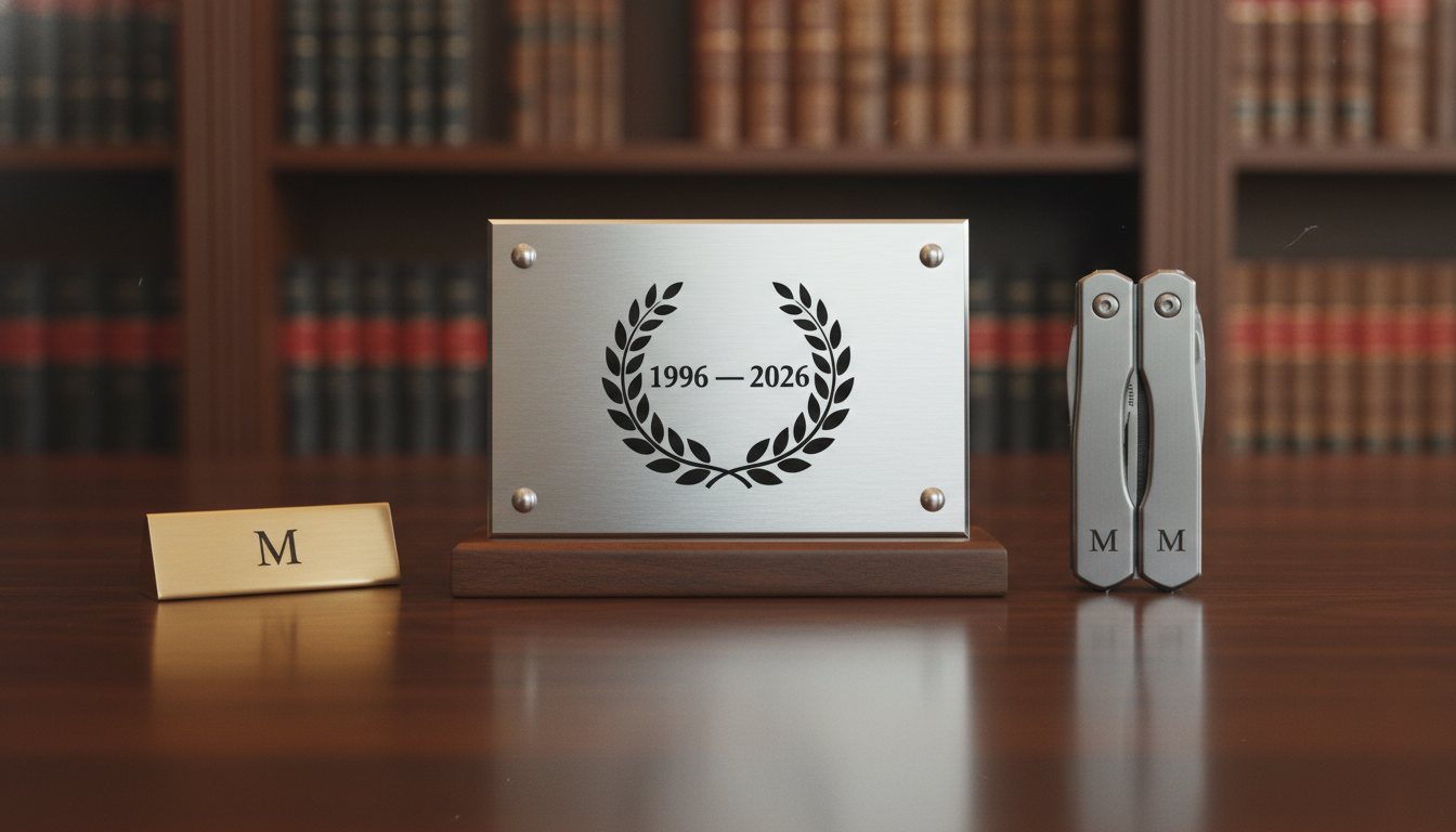 A row of corporate recognition awards — brushed stainless and brass plates with deep engraving and paint fill, plus a glass award — arranged on a dark editorial surface in cool studio light