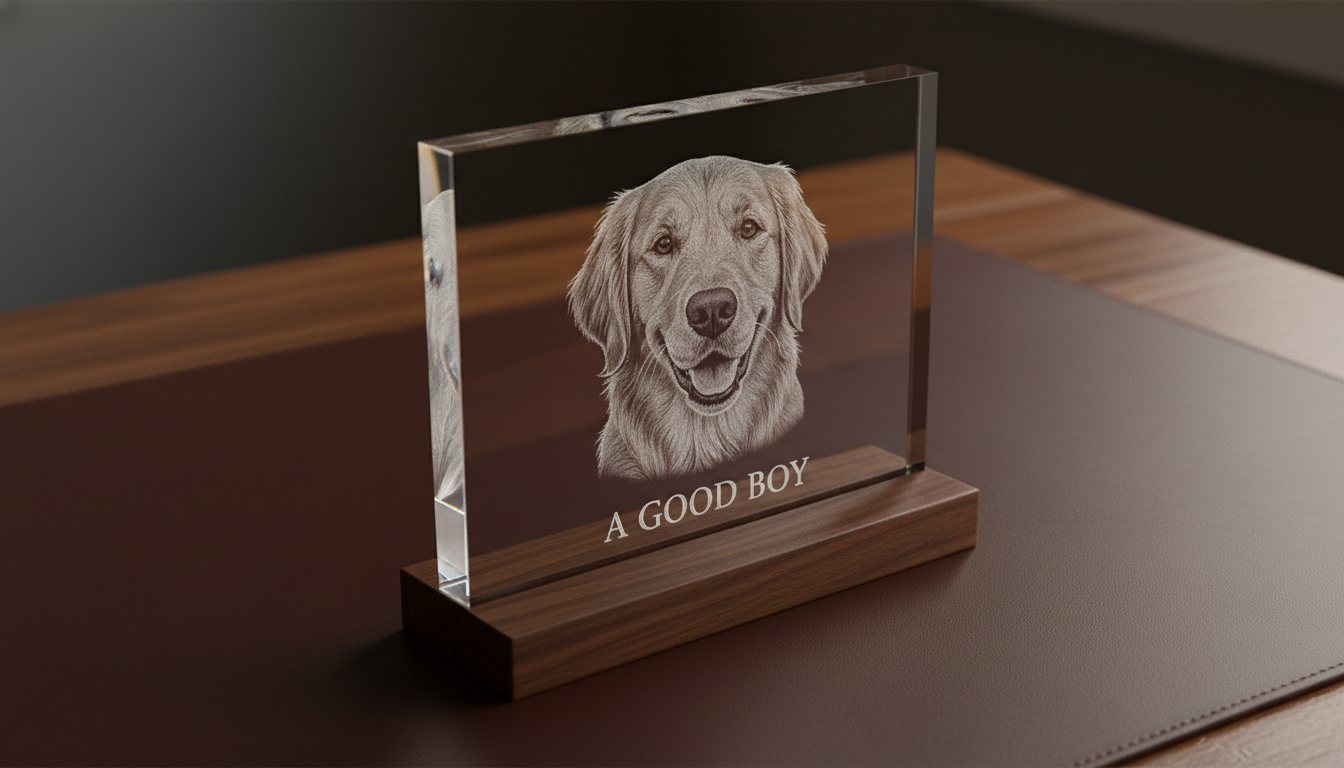 A clear acrylic memorial plaque UV-laser-engraved with a detailed portrait of a golden retriever and the inscription A GOOD BOY, mounted on a walnut base on cordovan leather