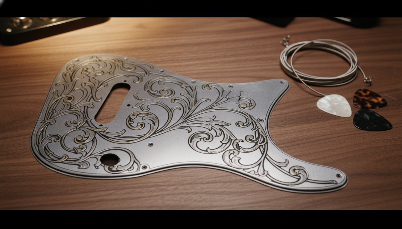 A brushed-aluminum Telecaster-style guitar pickguard fully laser-engraved with an ornate Art Nouveau floral scroll design, on dark walnut beside guitar strings and picks