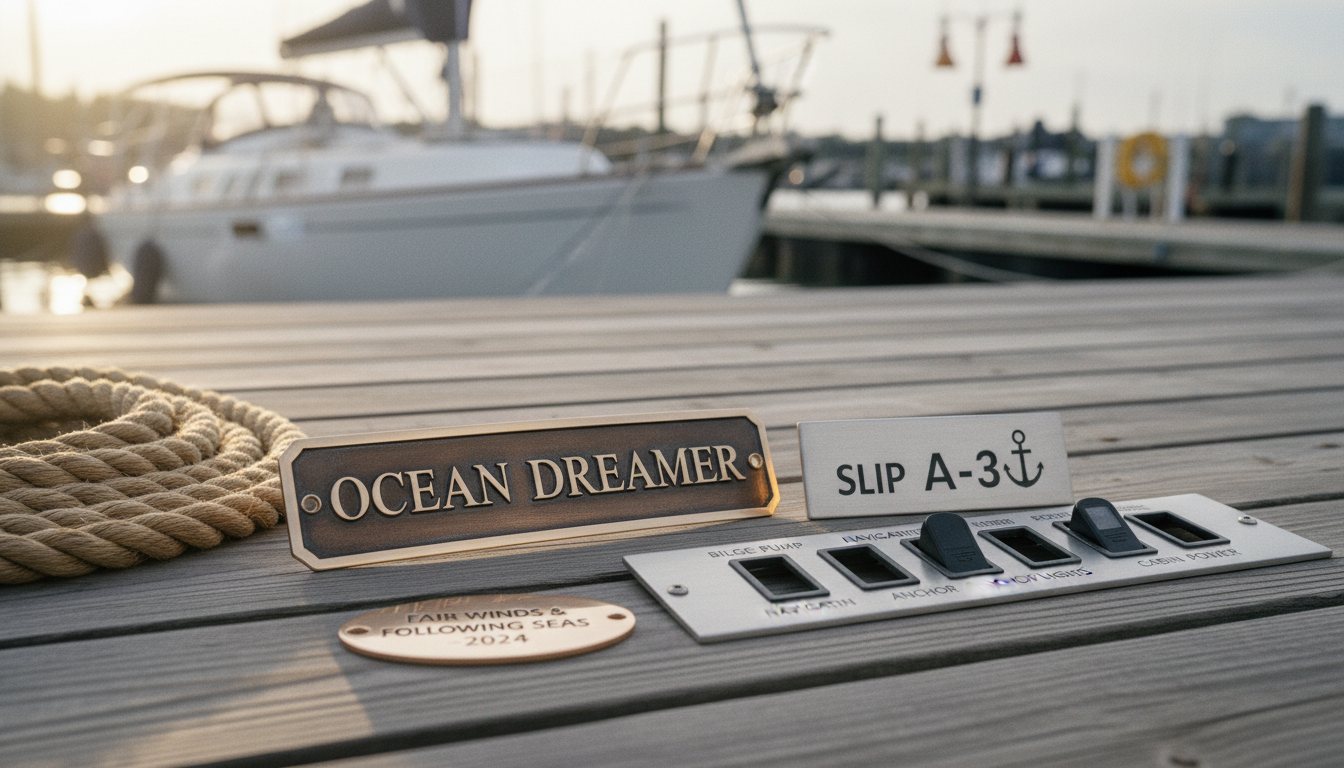 Editorial banner of custom-engraved marine pieces — a polished bronze transom plate, a brushed stainless slip marker, an engraved switch panel, a closing-gift plate, and manila rope — on weathered cedar dock planking with a sailboat in soft golden-hour bokeh